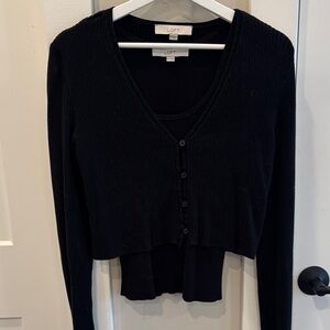 LOFT Black Button-Down Knit Tank & Cardigan Set